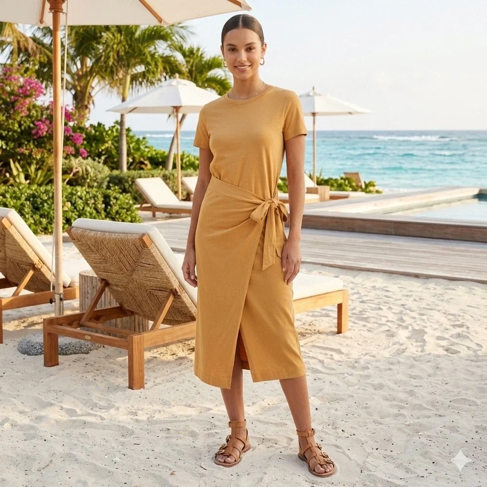 Zara‎ Womens Mustard Yellow Cotton Wrap Front Midi T-Shirt Dress S Short Sleeve